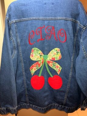 CIAO 🍒 Custom Embroidery Denim Jacket with Red Cherry Appliqué